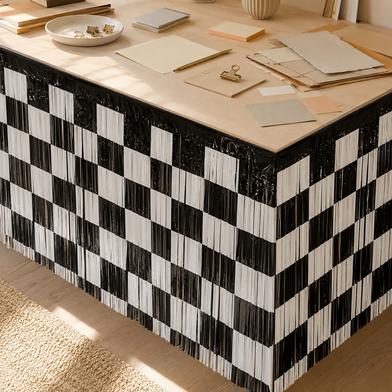 Black White Checker Foil Fringe Table Skirt