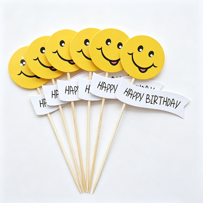 Bear, Smiley Face and Happy Birthday Flag Cake Toppers