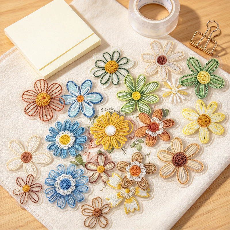 Knit Floral Accent PET Stickers - Printed Embroidery Effect