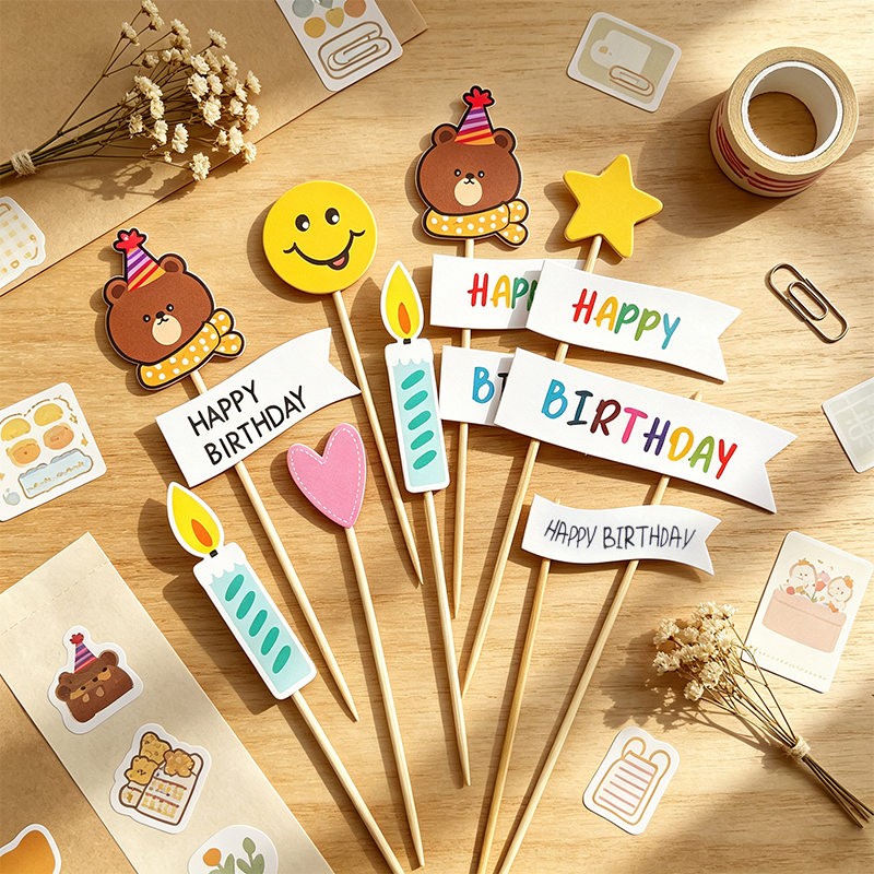 Bear, Smiley Face and Happy Birthday Flag Cake Toppers