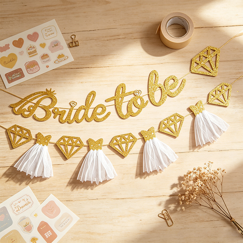 Bride to Be Glitter Banner Set with Diamond and Tulle Tassels