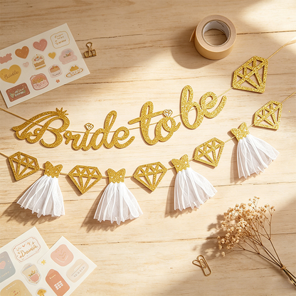 Bride to Be Glitter Banner Set with Diamond and Tulle Tassels