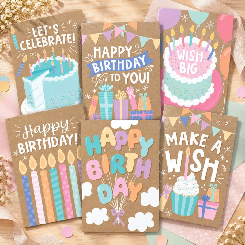 Cartoon Kraft Birthday Greeting Cards Set