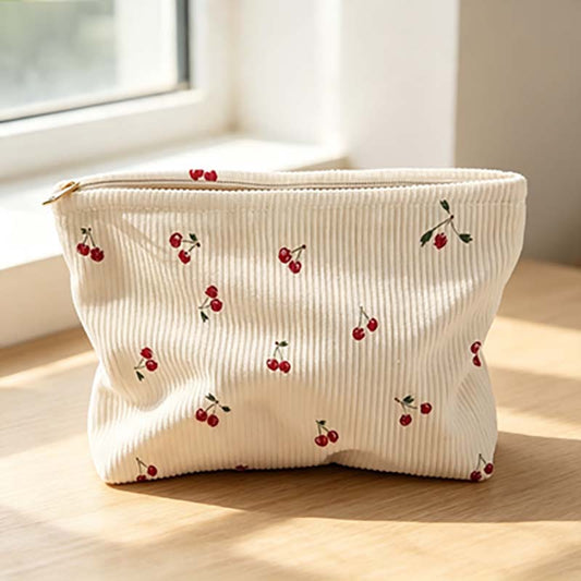 Cherry Print Corduroy Cosmetic Pouch