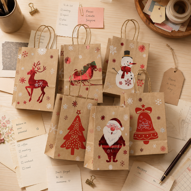 Christmas Hot Stamping Kraft Paper Handheld Gift Tote Bag
