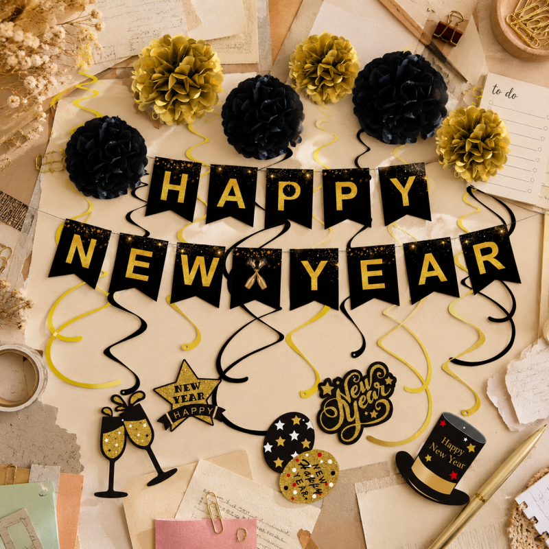 10 Black Gold New Year Decoration Set