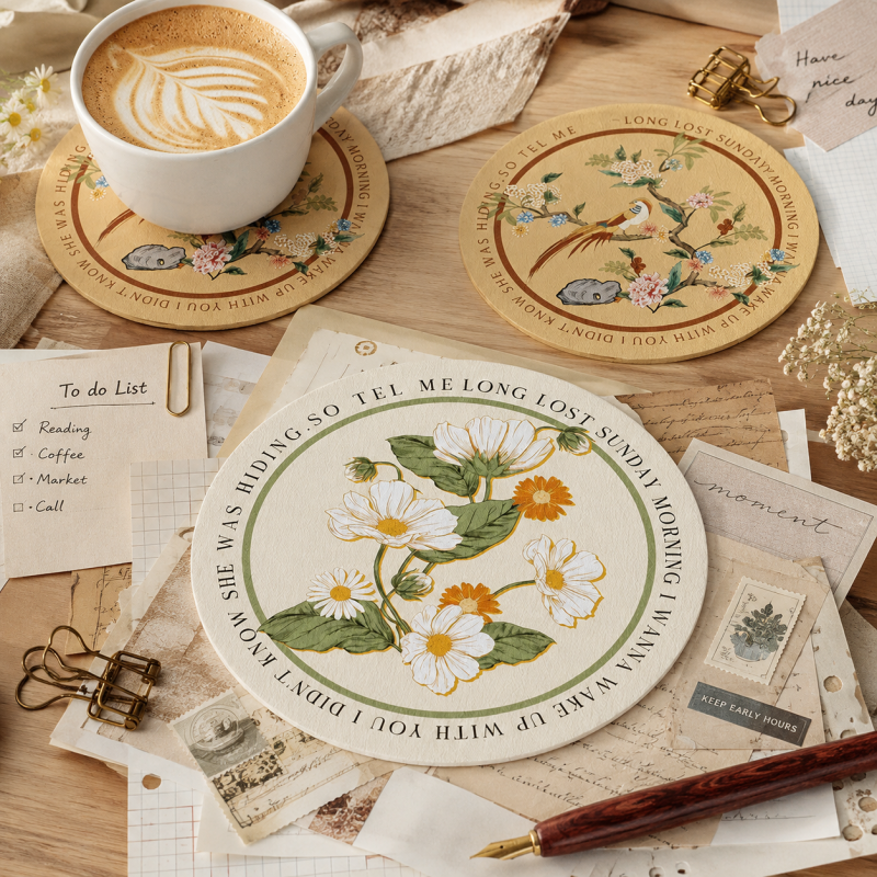 Floral Round PU Leather Waterproof Coaster (0728木木-MK2PLC6K16KD301)