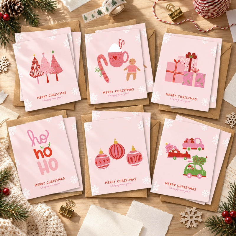 Pink Christmas Greeting Card Set with Kraft Envelopes