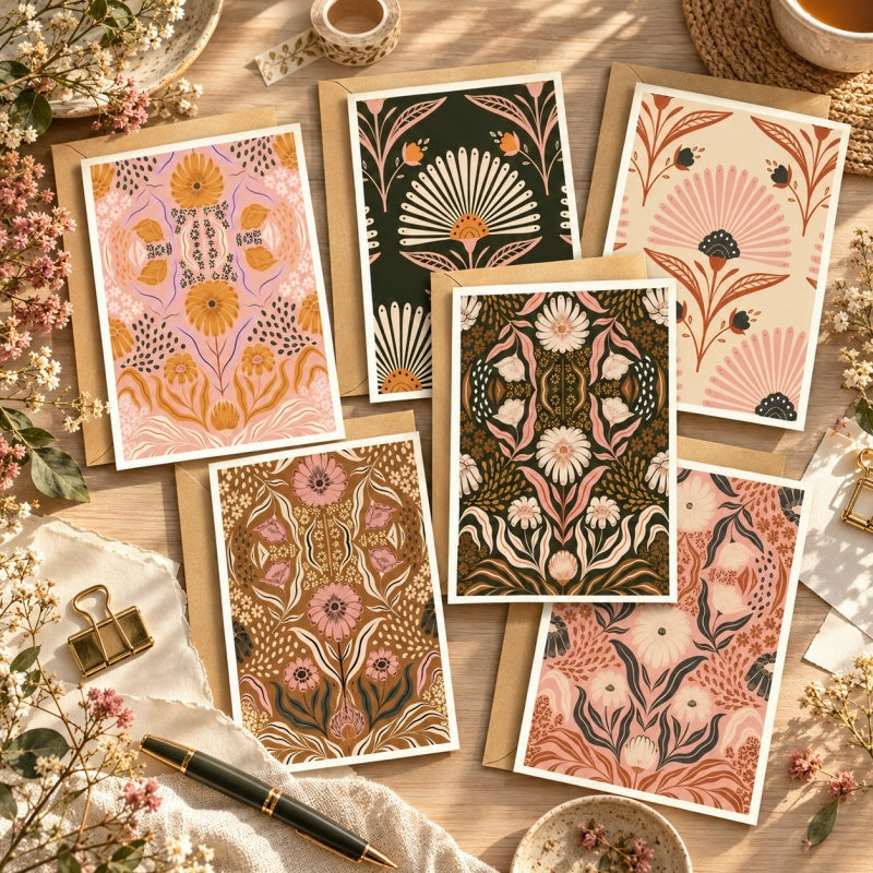 Vintage Folk Floral Greeting Card Set with Kraft Envelopes