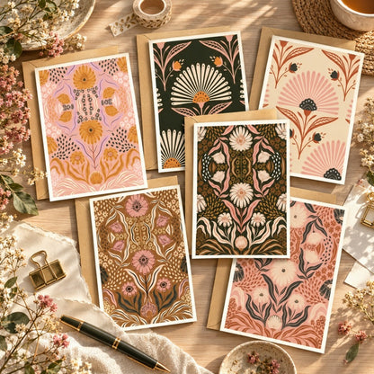 Vintage Folk Floral Greeting Card Set with Kraft Envelopes