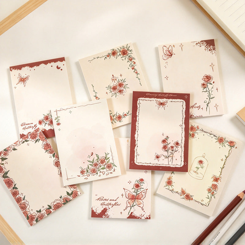 Vintage Rose & Butterfly Memo Pad with Illustrated Borders