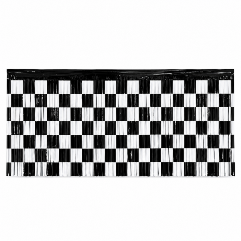 Black White Checker Foil Fringe Table Skirt