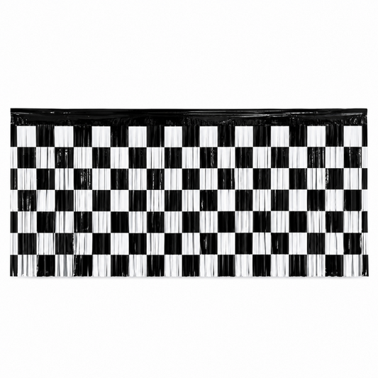 Black White Checker Foil Fringe Table Skirt