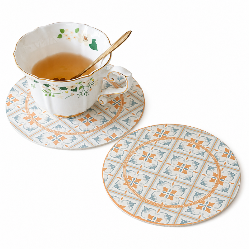 Floral Round PU Leather Waterproof Coaster (0728木木-MK2PLC6K16KD301)