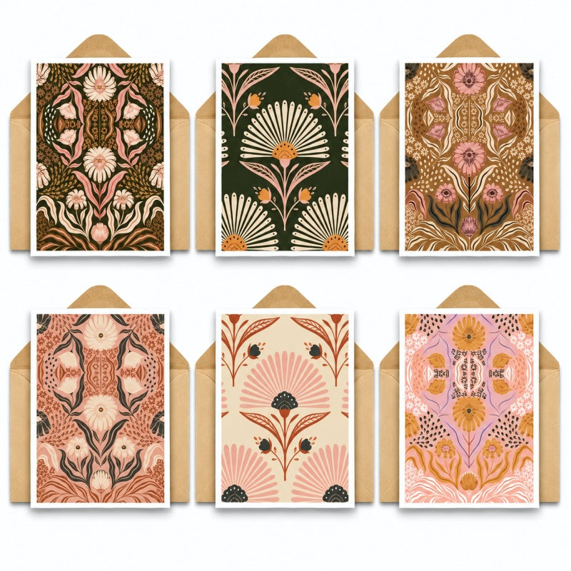 Vintage Folk Floral Greeting Card Set with Kraft Envelopes