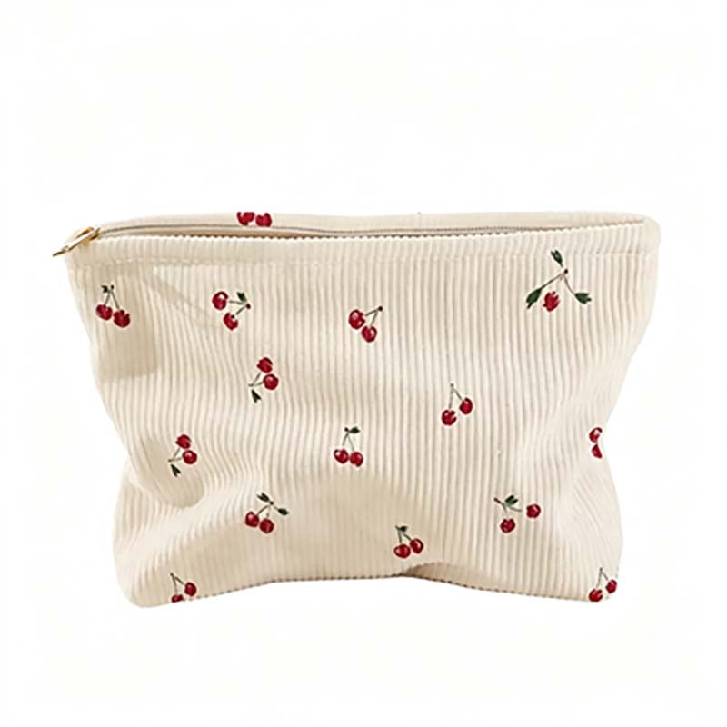 Cherry Print Corduroy Cosmetic Pouch