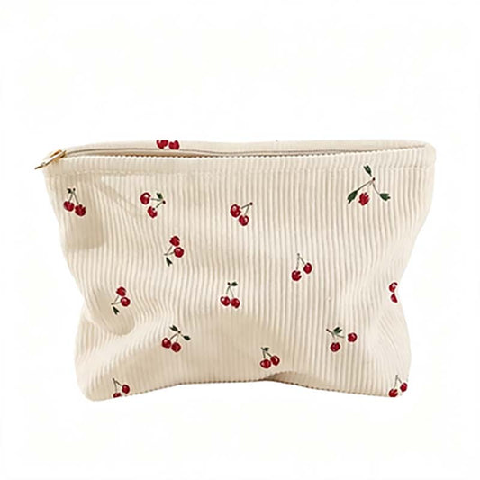 Cherry Print Corduroy Cosmetic Pouch