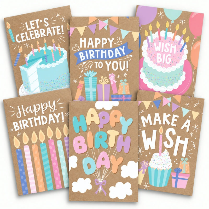 Cartoon Kraft Birthday Greeting Cards Set