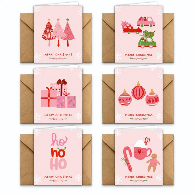 Pink Christmas Greeting Card Set with Kraft Envelopes