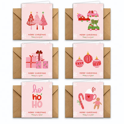 Pink Christmas Greeting Card Set with Kraft Envelopes
