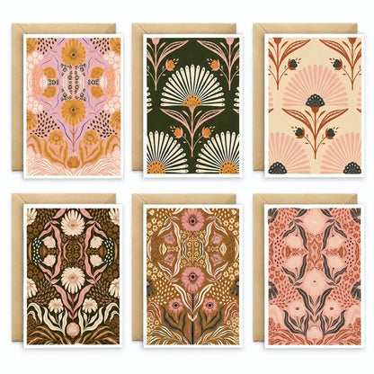 Vintage Folk Floral Greeting Card Set with Kraft Envelopes