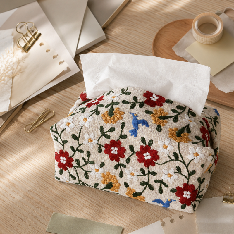 Floral Embroidered Tissue Box Cover