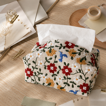 Floral Embroidered Tissue Box Cover