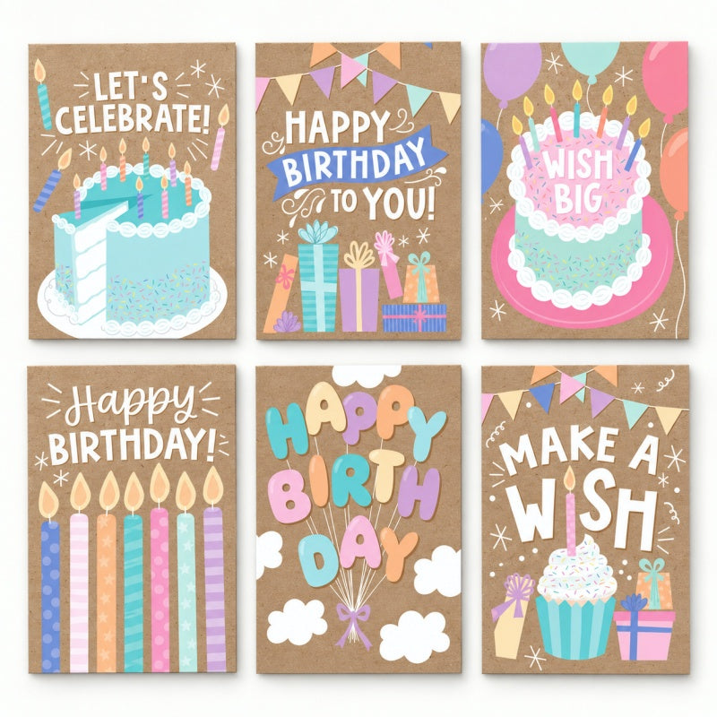 Cartoon Kraft Birthday Greeting Cards Set
