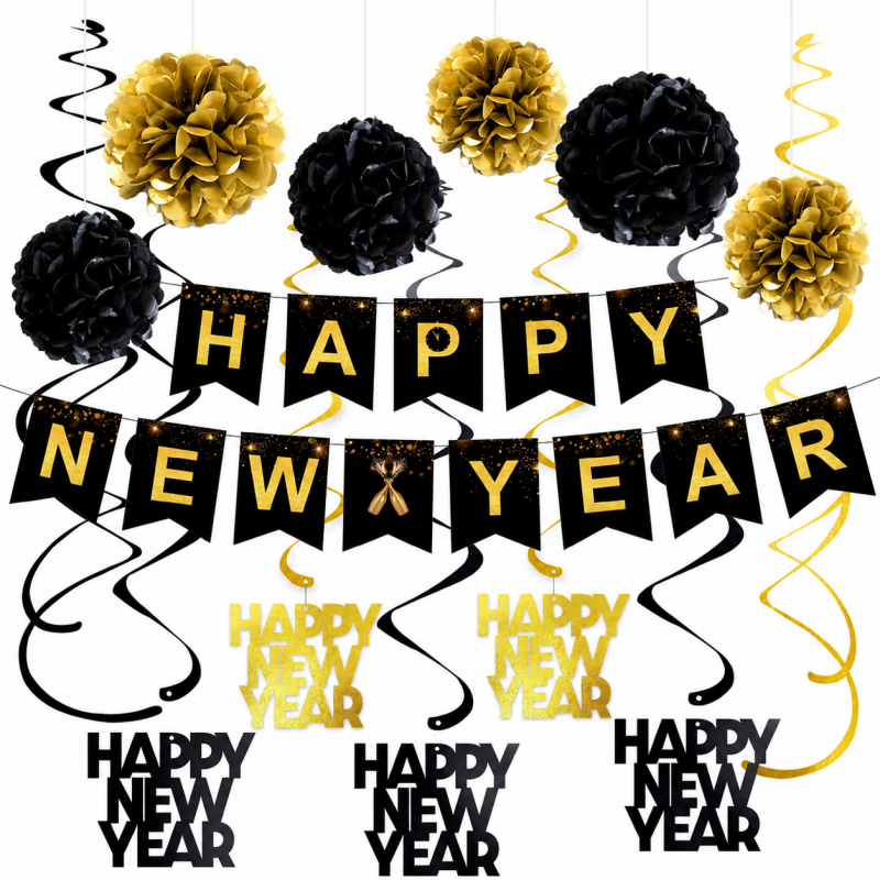 10 Black Gold New Year Decoration Set