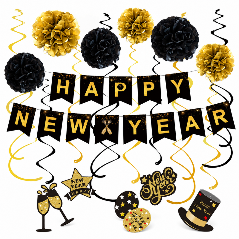 10 Black Gold New Year Decoration Set
