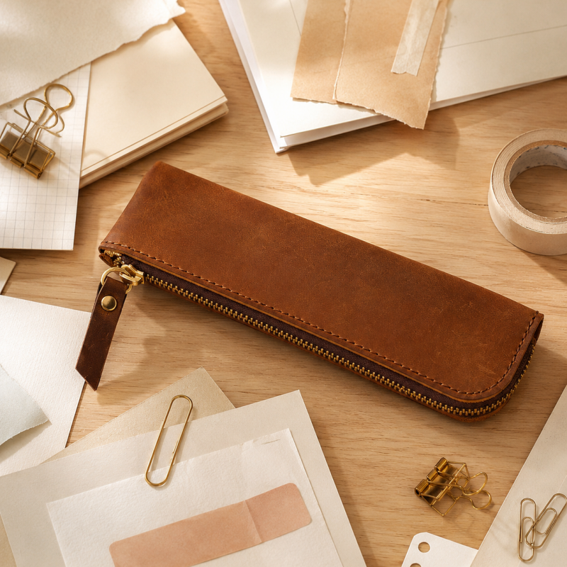 Long Genuine Leather Pen Sleeve Case