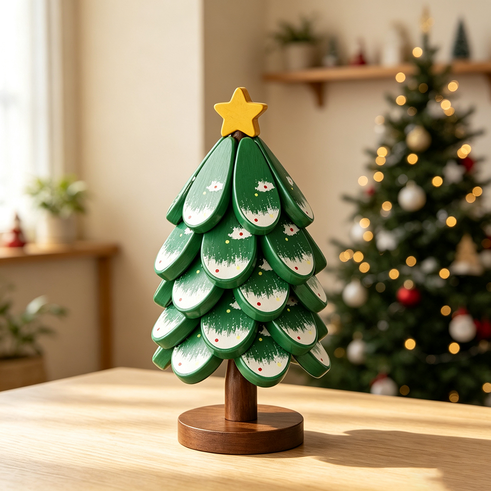 Round Painted Christmas Tree Wooden Hot Pad Set