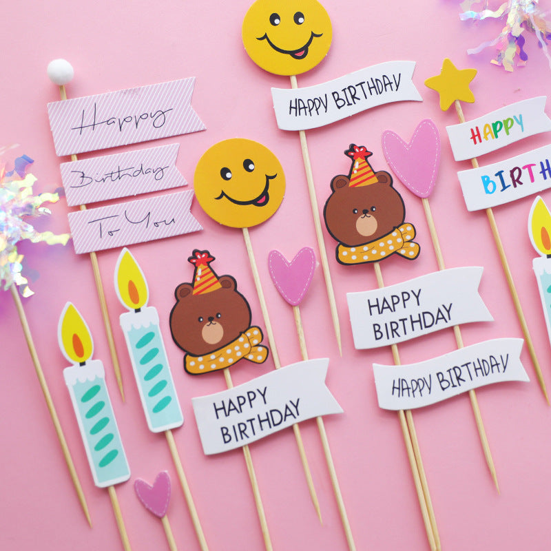 Bear, Smiley Face and Happy Birthday Flag Cake Toppers