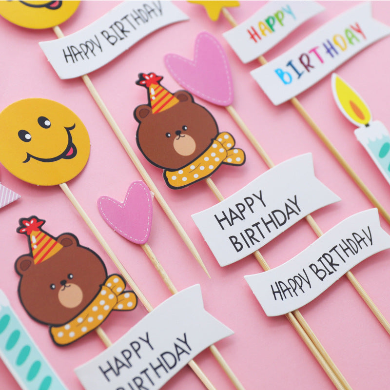 Bear, Smiley Face and Happy Birthday Flag Cake Toppers