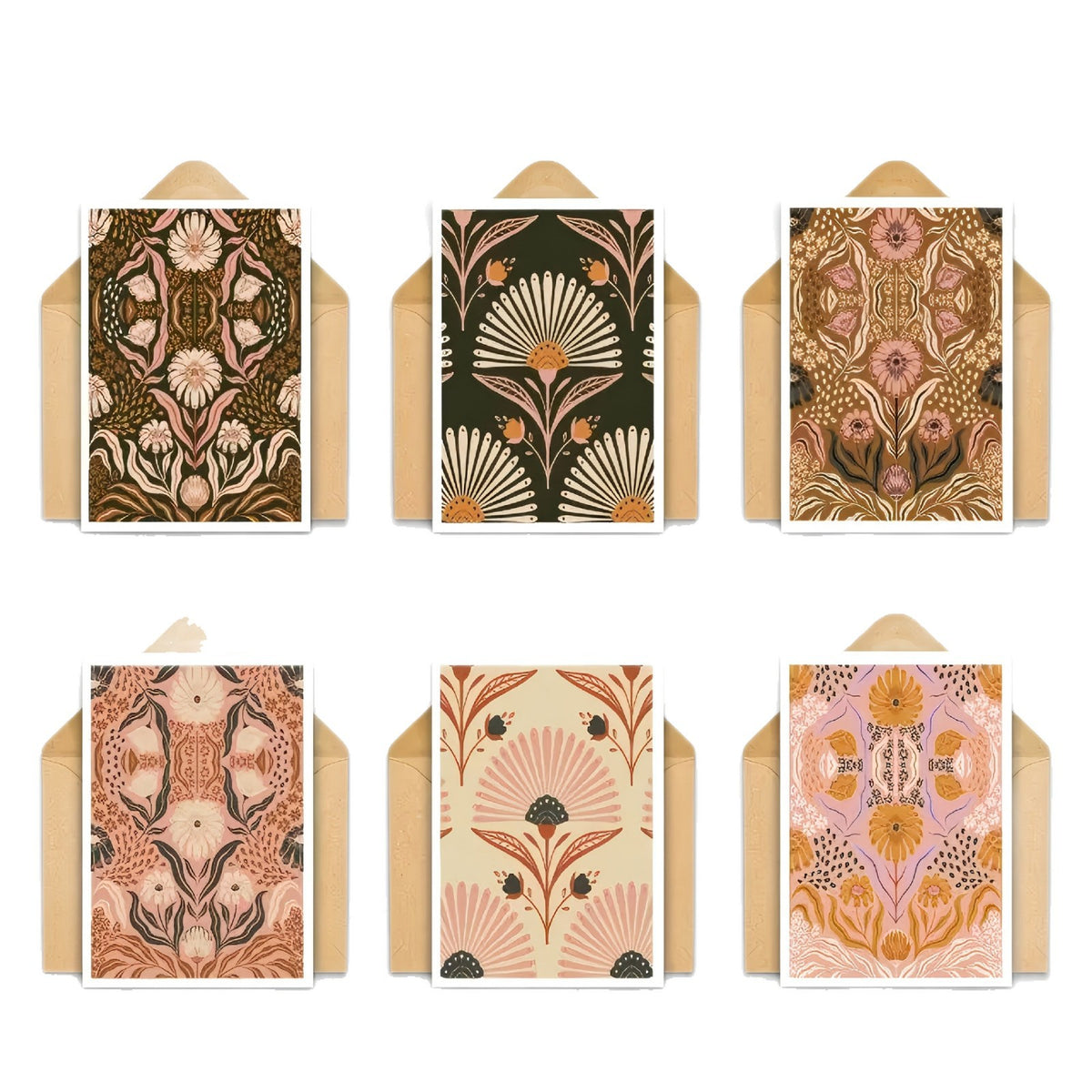 Vintage Folk Floral Greeting Card Set with Kraft Envelopes