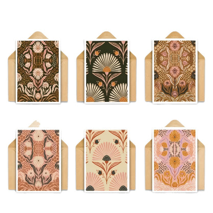 Vintage Folk Floral Greeting Card Set with Kraft Envelopes