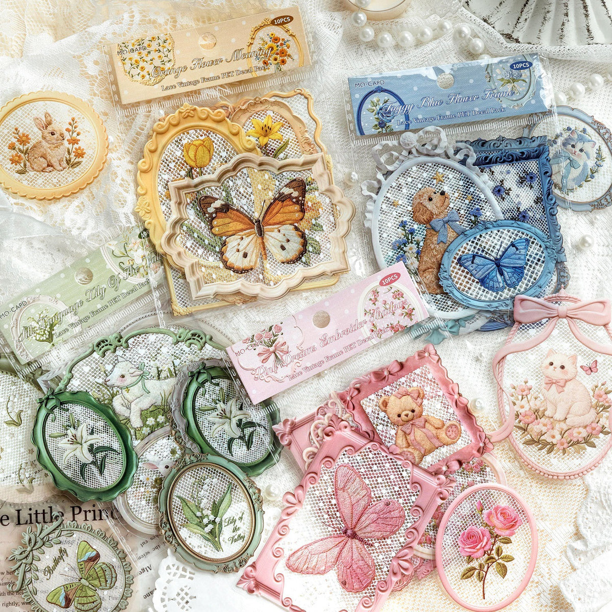 Vintage Lace Frame PET Stickers with Printed Embroidery Effect