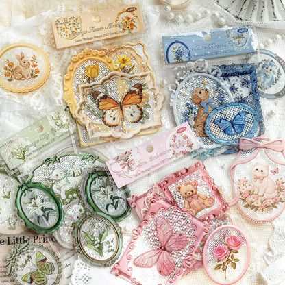 Vintage Lace Frame PET Stickers with Printed Embroidery Effect