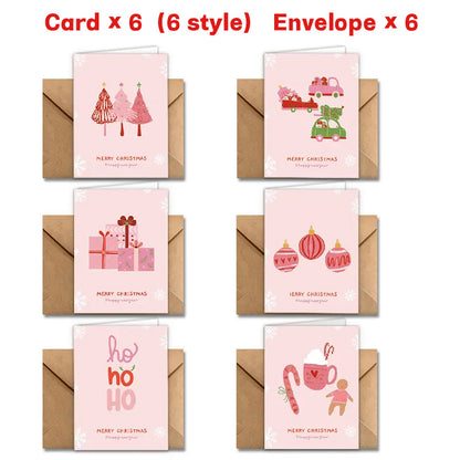Pink Christmas Greeting Card Set with Kraft Envelopes