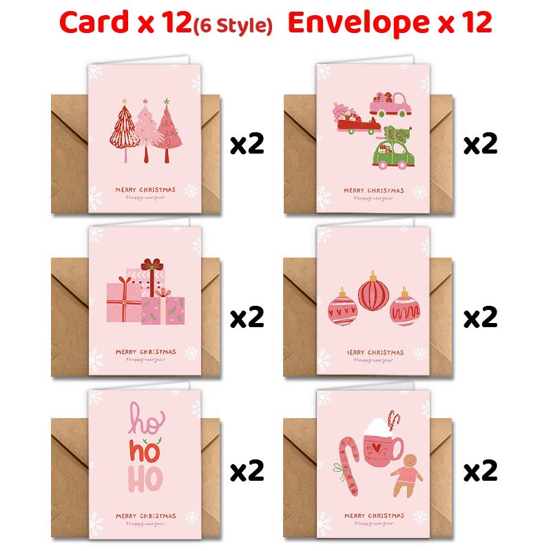 Pink Christmas Greeting Card Set with Kraft Envelopes