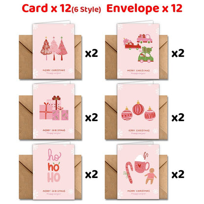 Pink Christmas Greeting Card Set with Kraft Envelopes