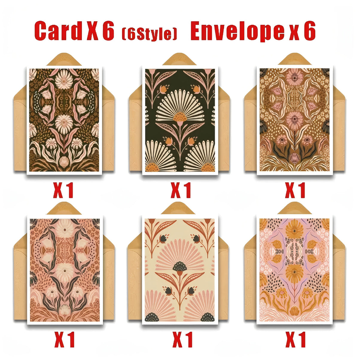 Vintage Folk Floral Greeting Card Set with Kraft Envelopes